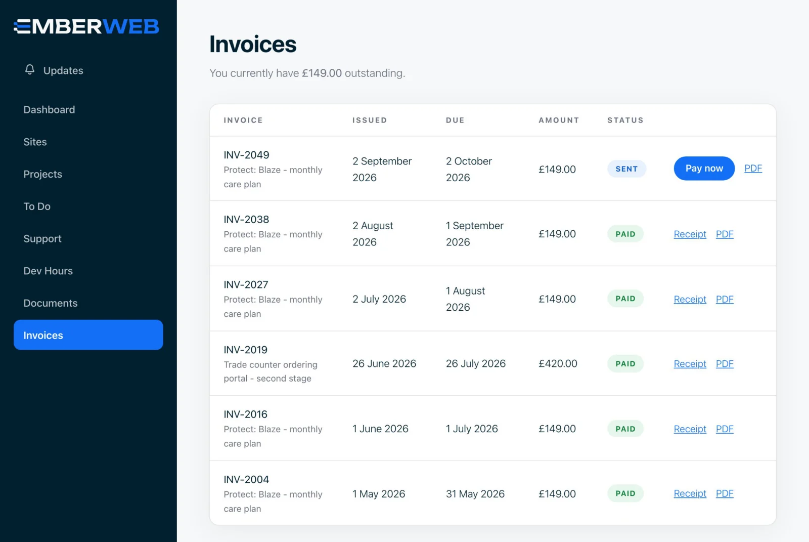 Every invoice, paid or due, in one list.
